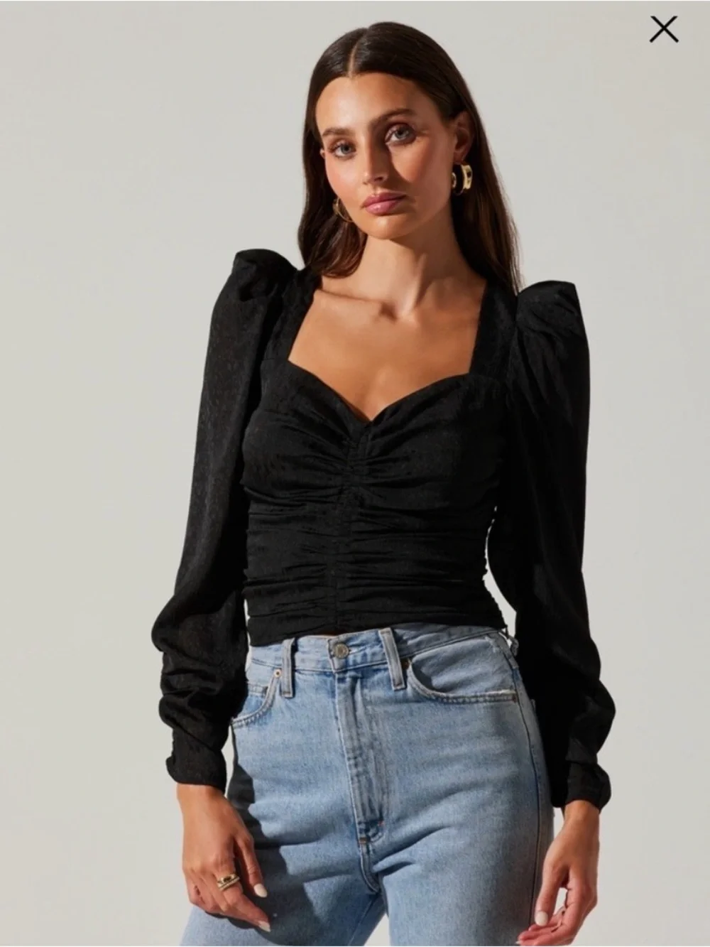 Astr Black Ruched Long-Sleeve Puff Blouse